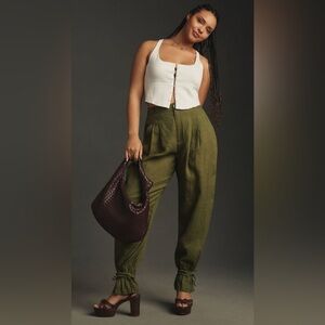 Anthropologie Ankle Tie Linen Trousers in Dark Olive Size 12